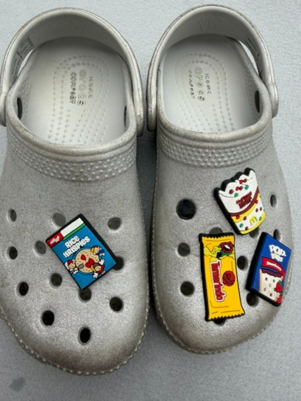 Silver Crocs with cereal box and snack-themed charms #cereal #snacks Size 12